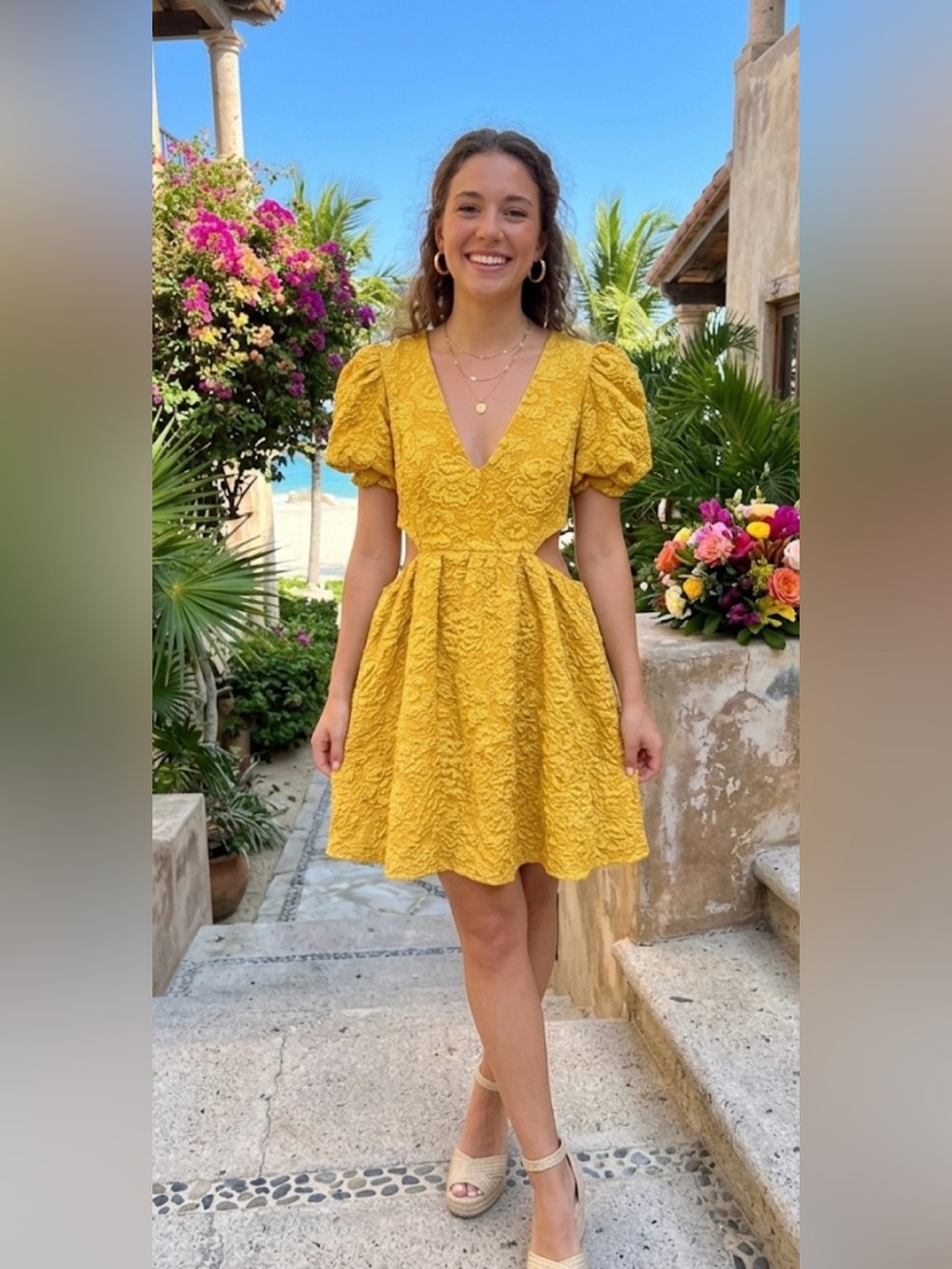 ONE33 Social Women's Yellow Jacquard Cut Out Puff-Sleeve Mini Dress Size 10